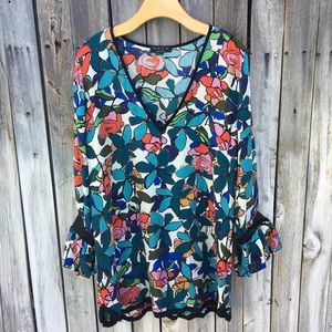 Shan V Neck Floral Print Tunic Top Silk Blue Pink 12